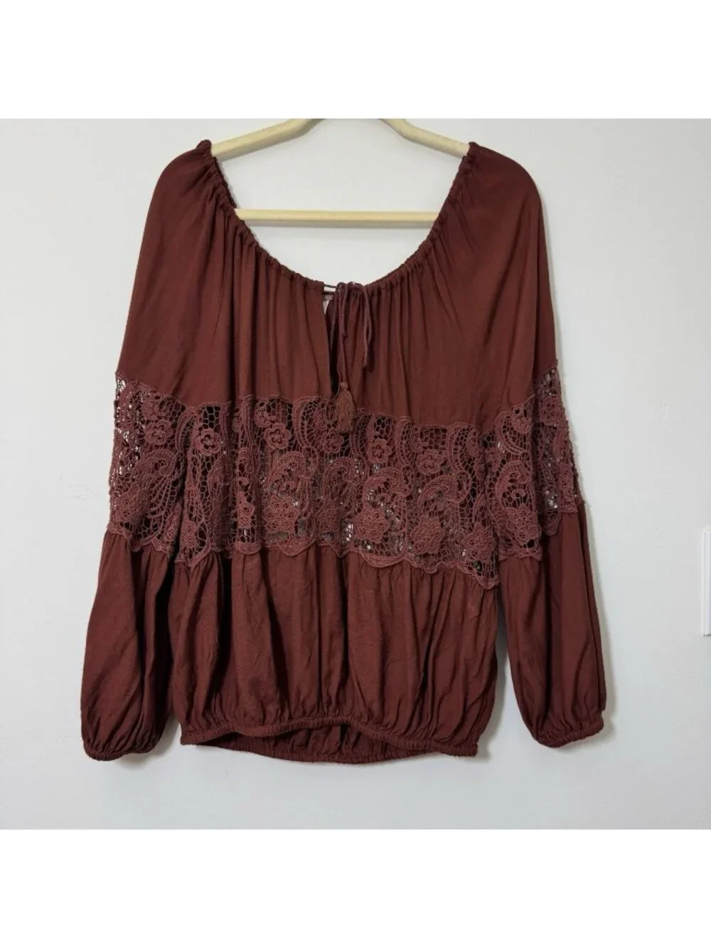 Free People Women’s Oversized Peasant Top Size S Crochet Details Long Sleeves